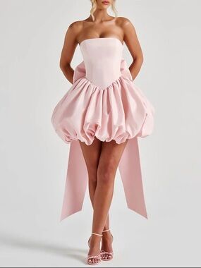 Strapless Pink Bubble Mini Dress with Dramatic Back Bow